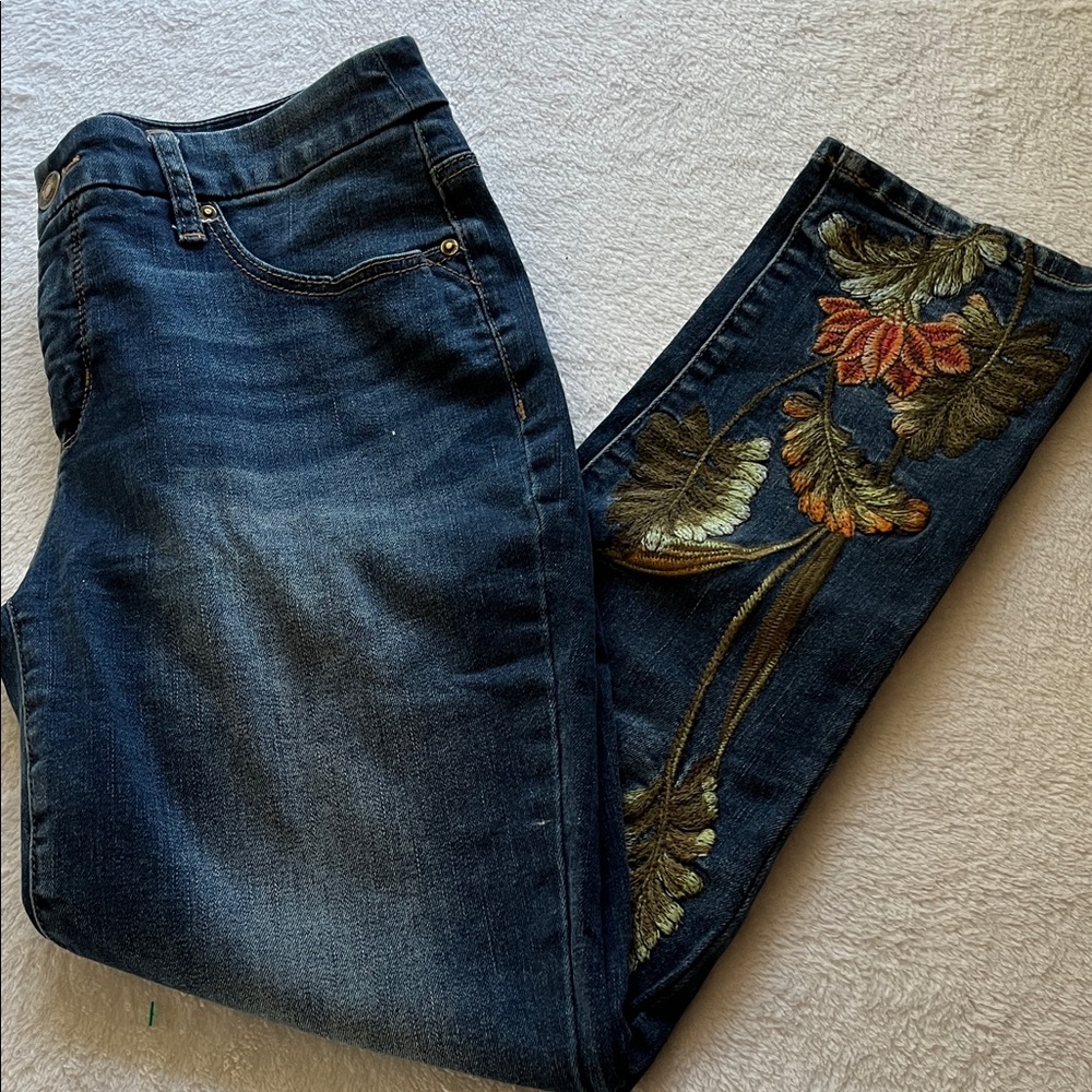 Chicos Dark Blue Skinny Jeans with Floral Embroidery
